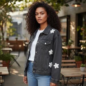 Black Denim Jacket with White Daisy and bead Accents, by Blue Velvet size medium